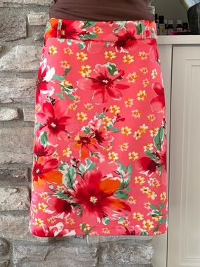 Coral Floral Pencil Skirt with Red & Green Print
